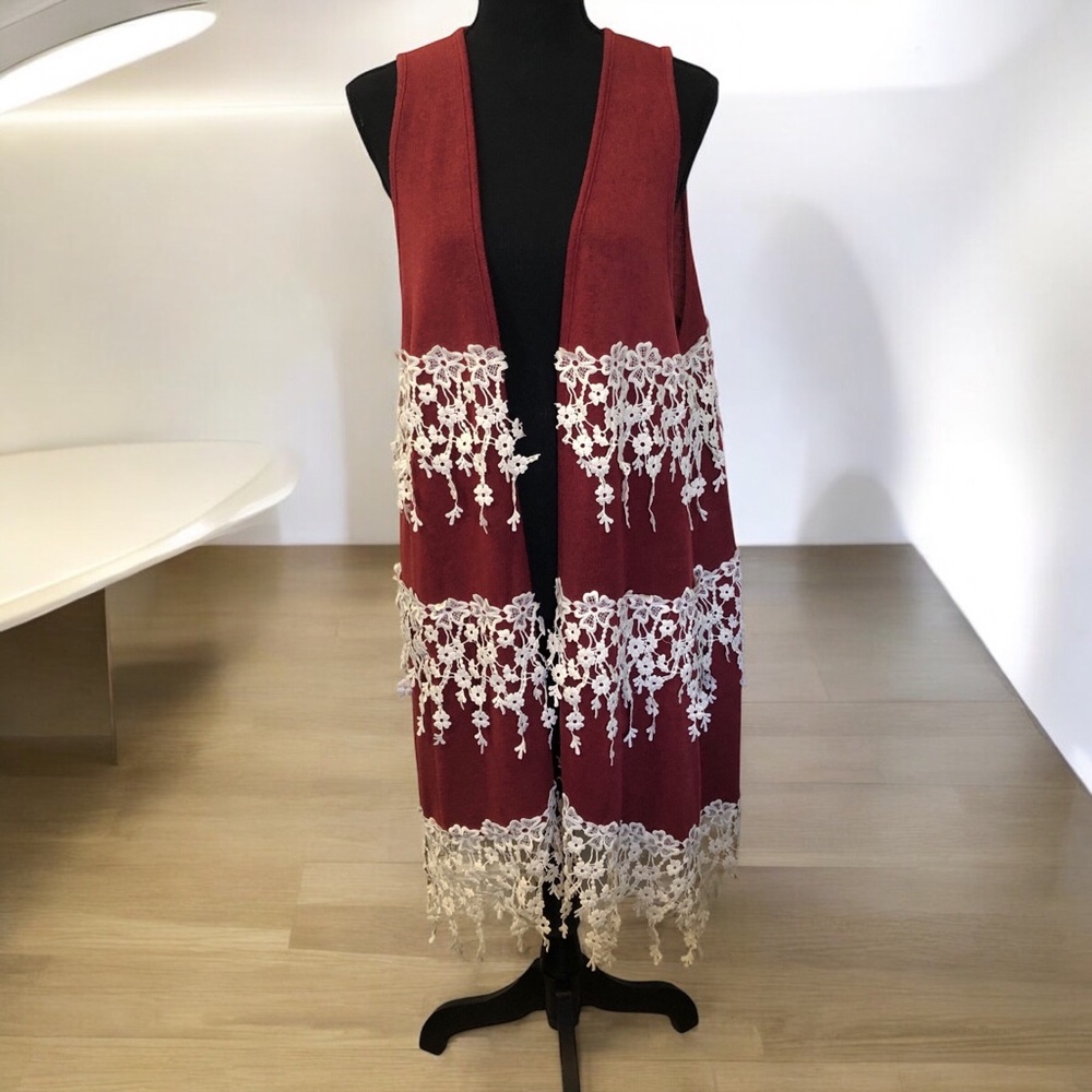 J&M Clothing Cardigan Women M/L Long Vest Crochet Lace Tiers Red Blend Boho USA